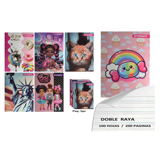 [SNB-100-4] CUADERNO GRAPADO 14.2X20.4CMS 5PCS, DOBLE RAYA 100PAG.,