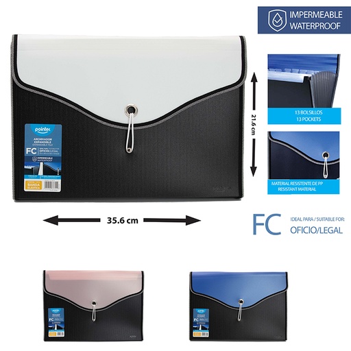 [FL1-26-FC] ARCHIVADOR EXPANDIBLE OFICIO 13 BOLSILLOS - 21,6x35,6CM