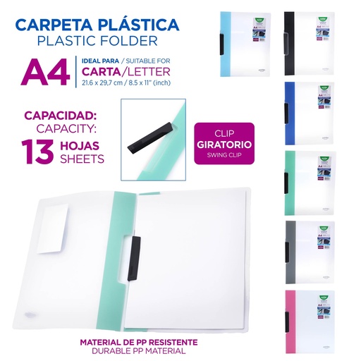 [FL-2302] CARPETA PLASTICA TRANSPARENTE CON CLIP GIRATORIO - A4/CARTA 21x29,7Cm