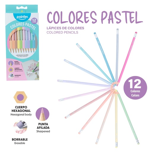 [CPP-12-PA] LAPICES DE COLORES BORRABLES x12PZS - PASTEL CUERPO HEXAGONAL