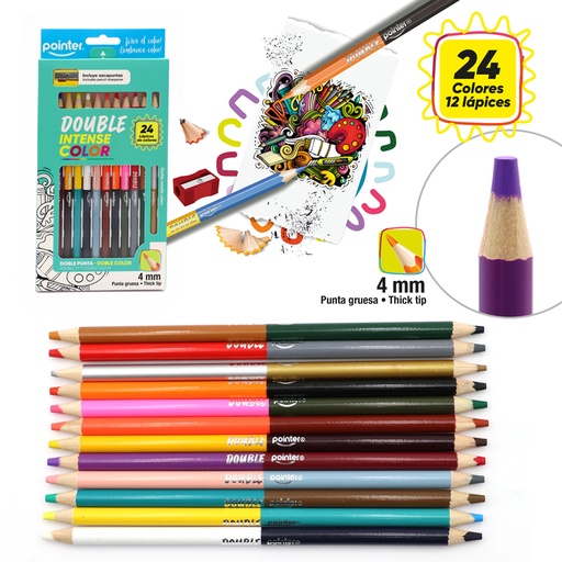 [RCPS-12BI] LAPICES DE COLORES INTENSE DOBLE PUNTA 4mm x12PZS + SACAPUNTAS