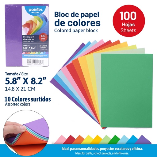 [BN-10010] BLOCK PAPEL DE COLORES SURTIDOS x100 HOJAS  - 14.8 x 21CM