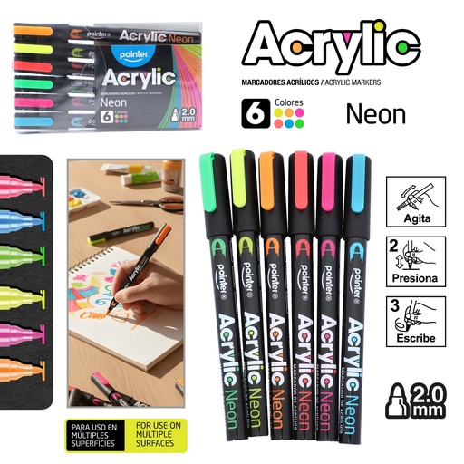 [AMK-2558] MARCADORES ACRILICOS NEON 6 COLORES 2 mm