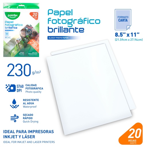 [PP-1201-230] PAPEL FOTOGRAFICO BRILLANTE 230G - CARTA (21.6 x 27.9CM) UNIDAD