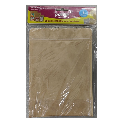 [POB-1622] BOLSAS KRAFT RESELLABLES CON VENTANA x6PZAS - 16x22CM